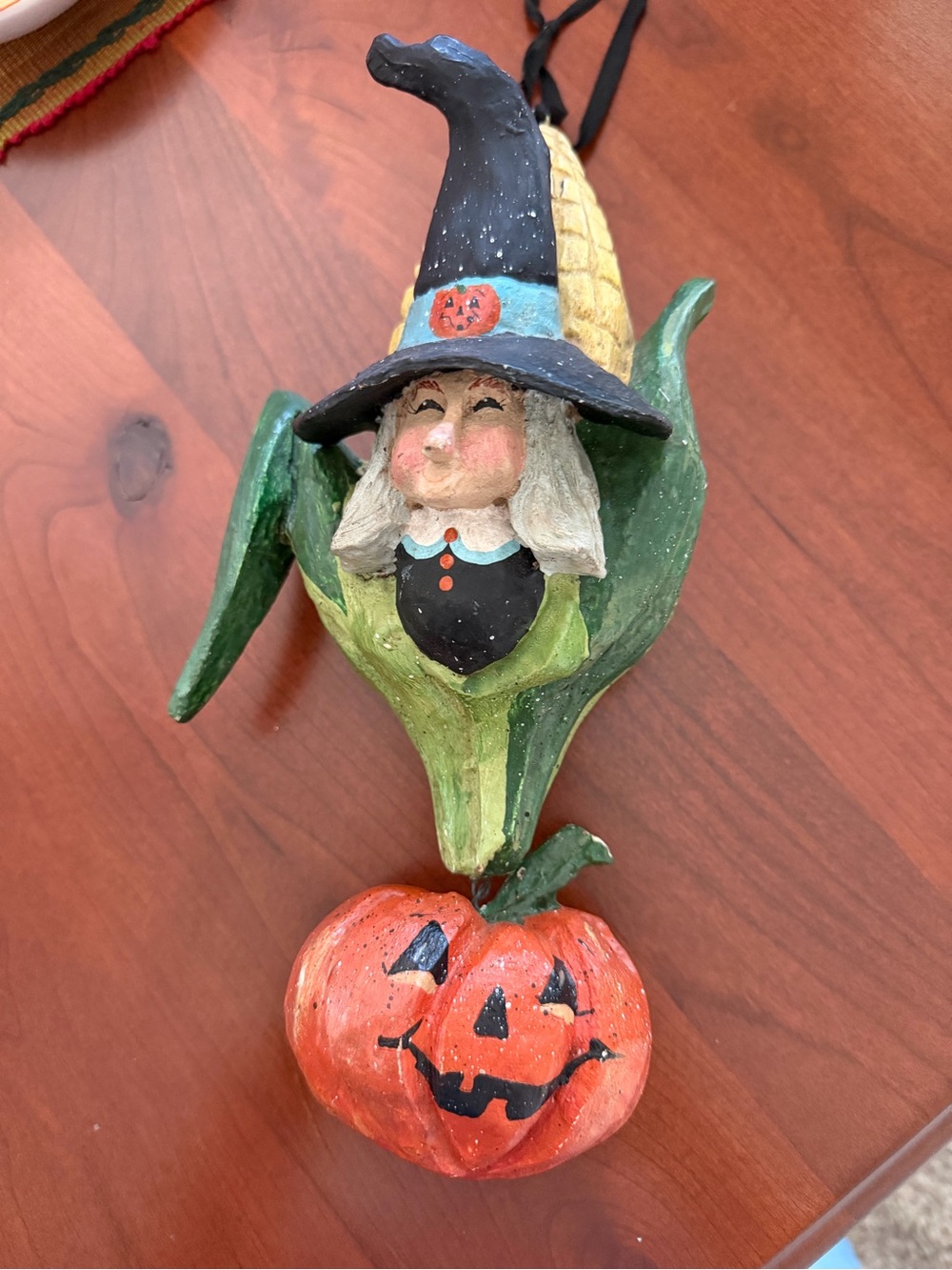 House of Hatten Hand-Painted Halloween Witch Corn Ornament - Green & Orange